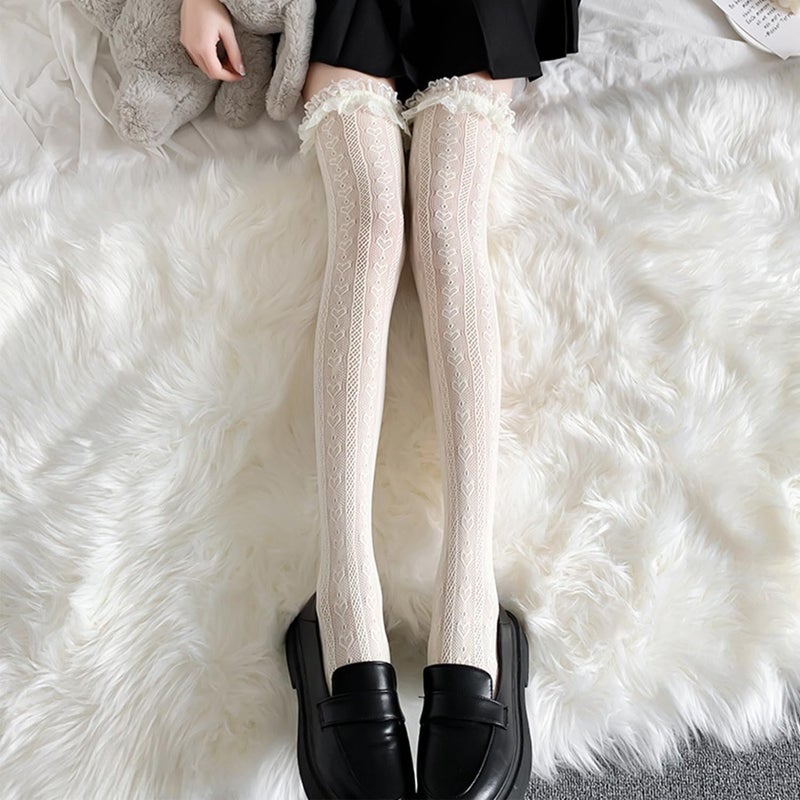 Ninejuize Thigh High Stockings with Bow, Santa Accessory Y2K Fishnet Socks with Lace Brim Lingerie Tights for Women - Image 3